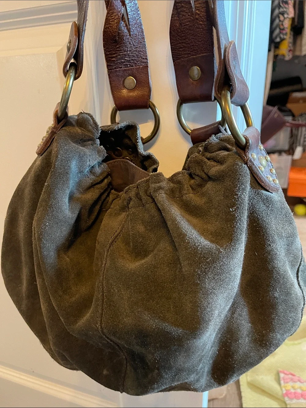 Lucky Brand Olive Suede Hobo with Brown Leather Straps
